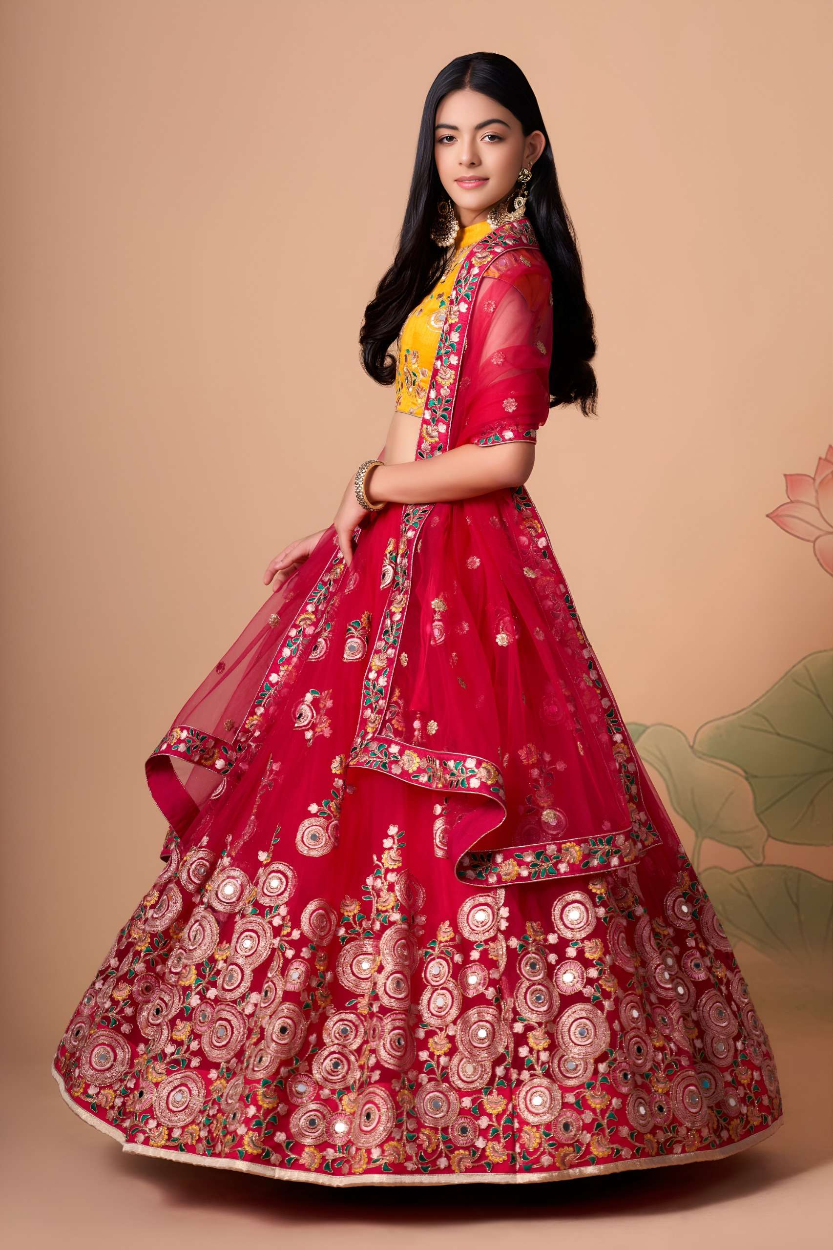 Rani Pink & Mustard colour Mirror Floral Lehenga Choli wholesale in surat 7323 Rani 